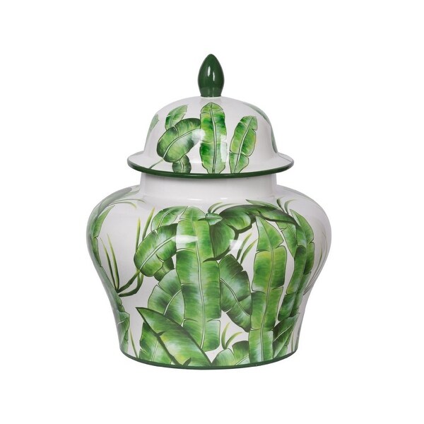16.75" Green and White Contemporary Lovise Palm Lidded Wide Urn - N/A