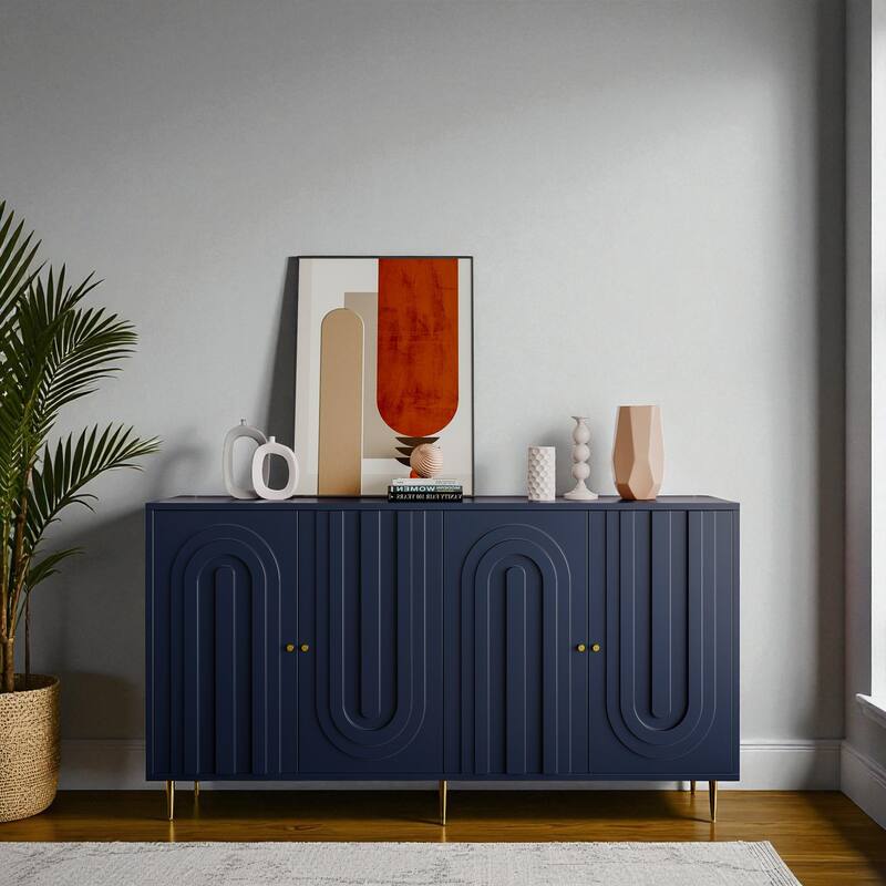 Modern 4-Door Lacquered Sideboard Buffet Cabinet with Gold Legs, Adjustable Shelves for Living Room or Dining Room - Blue