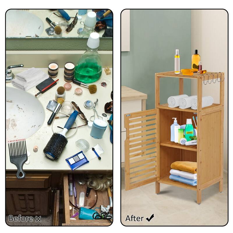 Bathroom Cabinet w/ 5 Hooks, Multifunctional Bamboo Storage Organizer w/ Door and Shelf, Free Standing Kitchen Cupboard