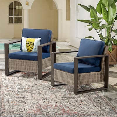 Cozywor 2-Piece Patio Wicker Outdoor Lounge Chair with Metal Frame and Cushions