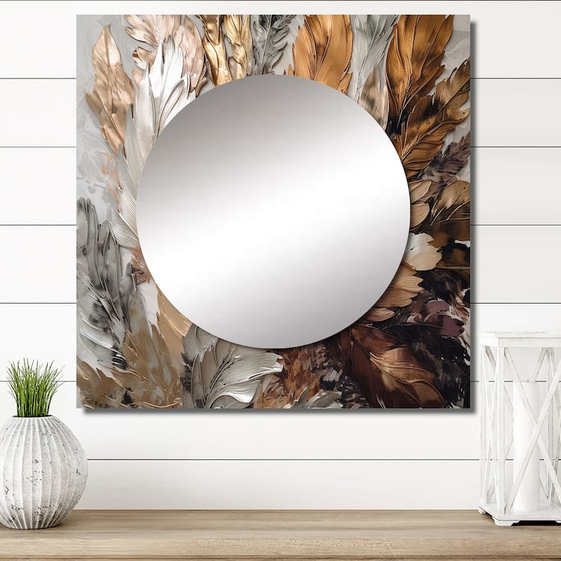 Designart "Gold Feather Extravaganza IV" Glam Feather Wall Mirror - Floral Large Square Printed Mirror For Hallway