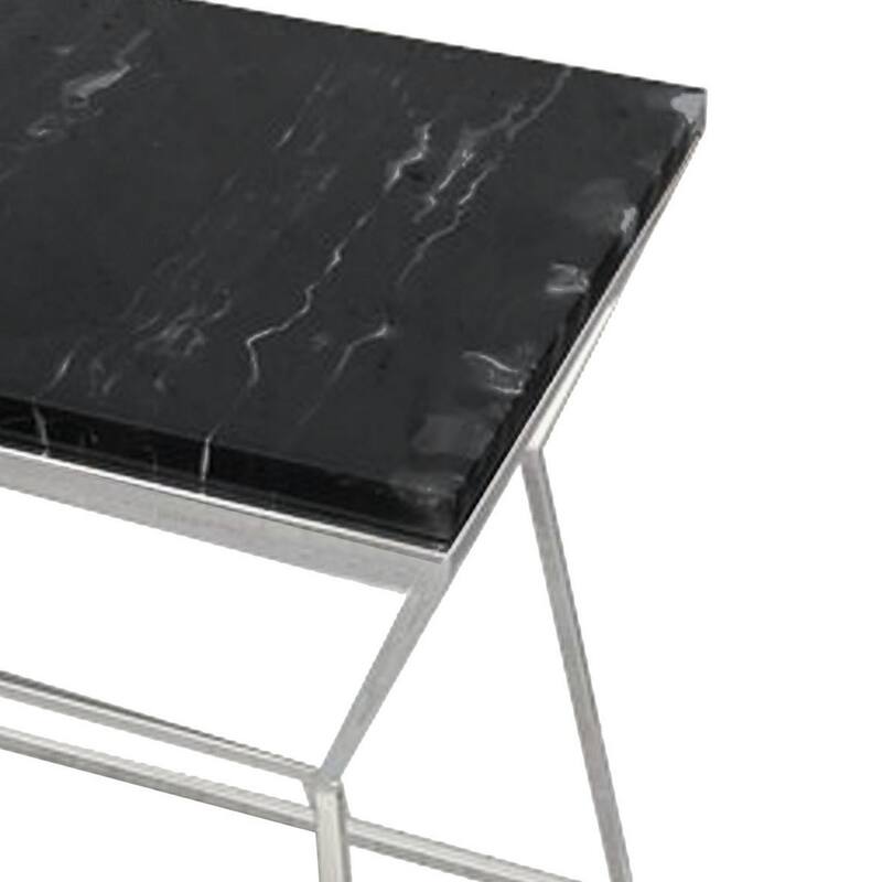 Lio 18 Inch Side End Table, Black Marble Top, Silver Open Hourglass Frame