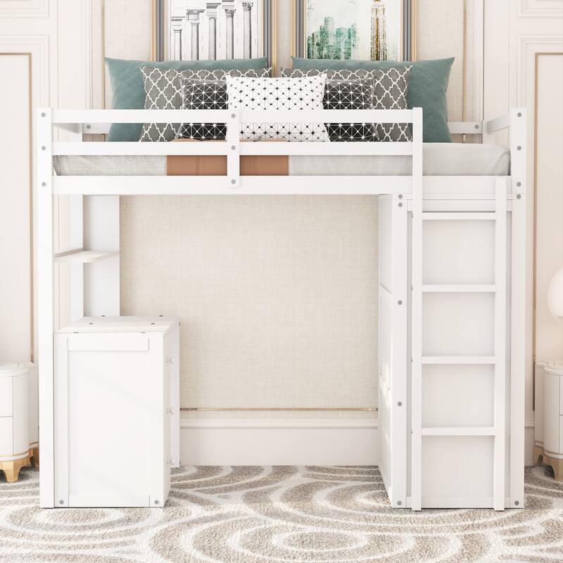 Twin size Loft Bed with Drawers,Desk,and Wardrobe - White