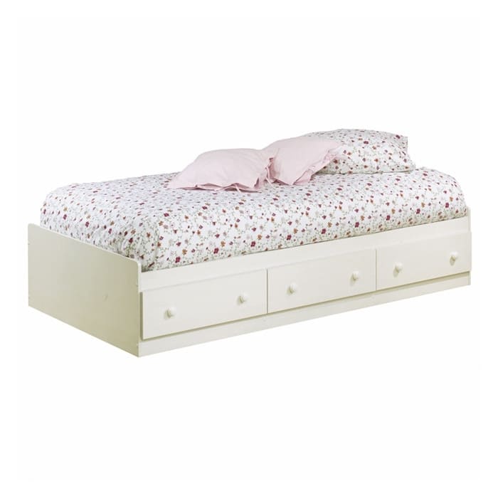 White-Wash Twin Platform Bed with Storage Drawers and Sturdy Support - White