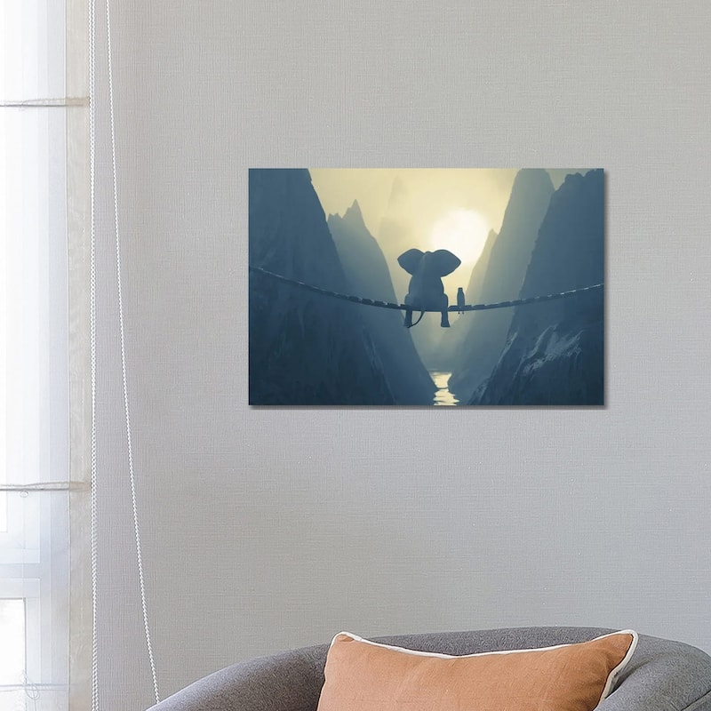 iCanvas "Elephant And Dog Sit On A Bridge Over A Precipice (Dualtone)" by Mike Kiev Canvas Print - 18x26x1.5