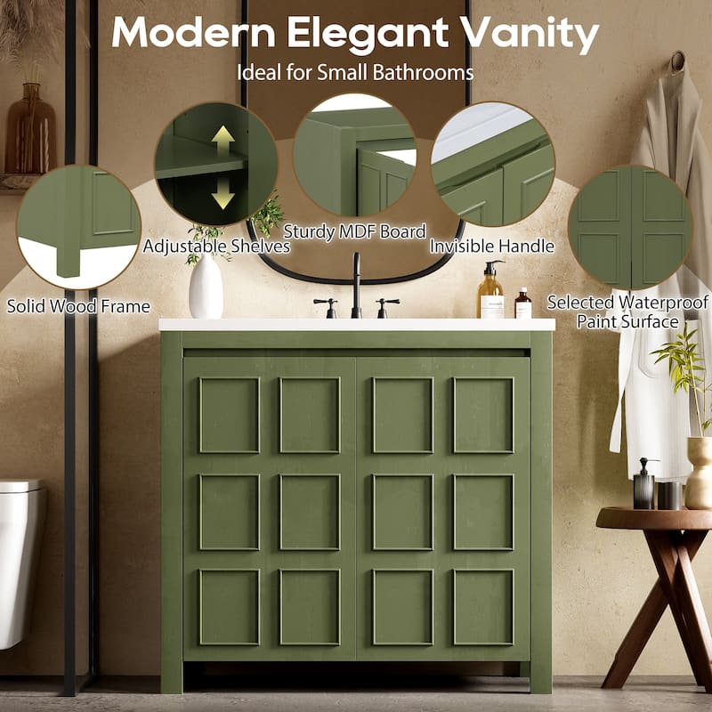36" Bathroom Vanity with Undermount Resin Sink Combo Set, Solid Wood Frame Bathroom Storage Cabinet with Adjustable Shelves