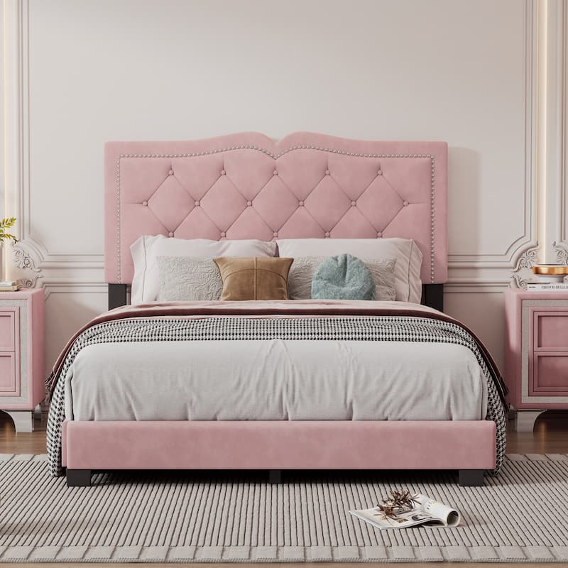 Modern Full Size Velvet Platform Bed with Rivet Accents and Tufted Headboard