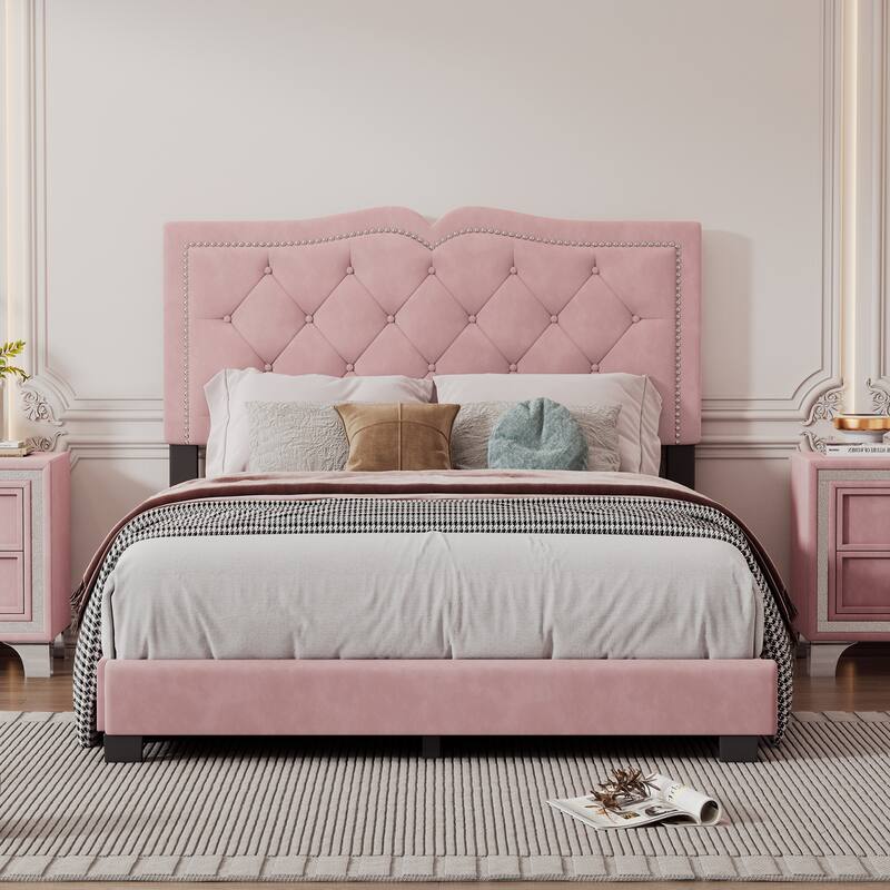 Queen/Full Size Upholstered Bed Frame with Rivet Design, Modern Velvet Platform Bed with Tufted Headboard