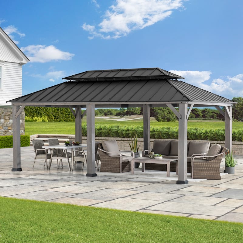 Sunjoy Outdoor Cedar Wood Frame Patio Gazebo Steel Hardtop