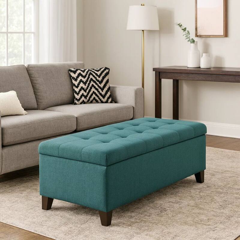 Nira Storage Ottoman Bench, Button Tufted Teal Blue Fabric, 51 Inch