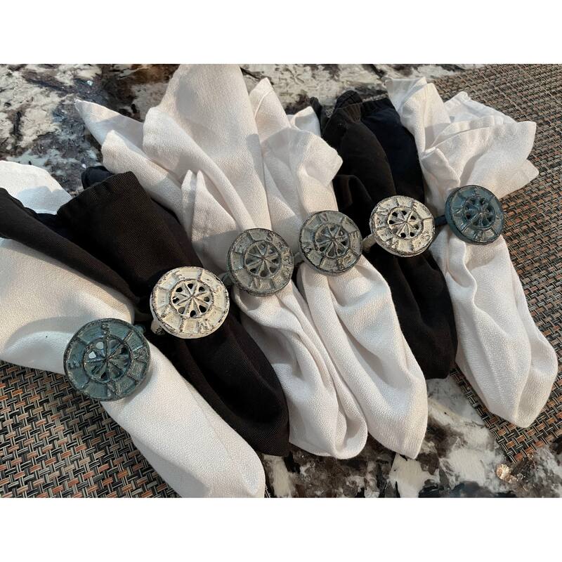 Zeckos Cast Iron Nautical Compass Rose Napkin Rings (Set Of 6) - 2 X 1.75 X 2 inches