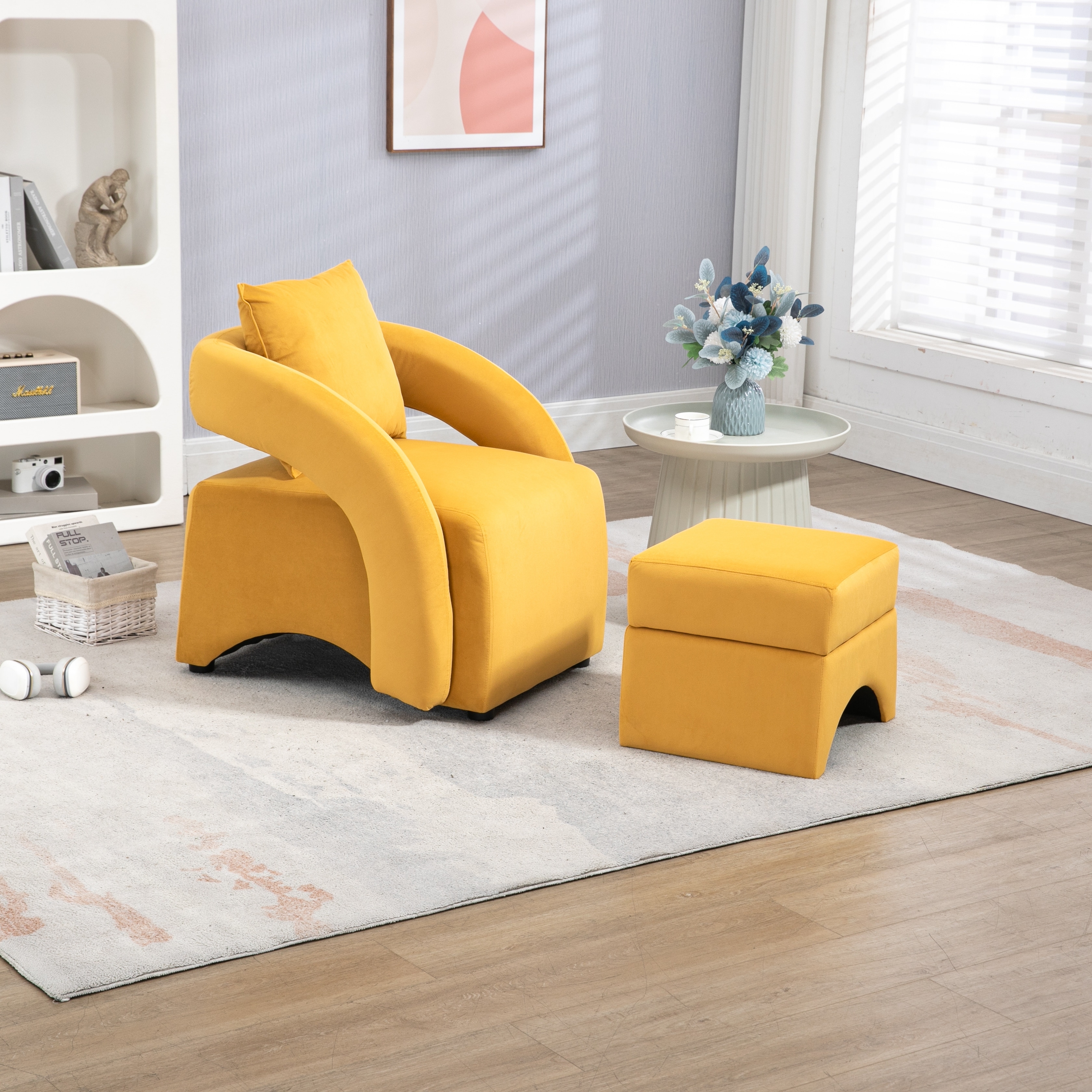 Accent Chair and Ottoman Set, Mid Century Barrel Chair Velvet