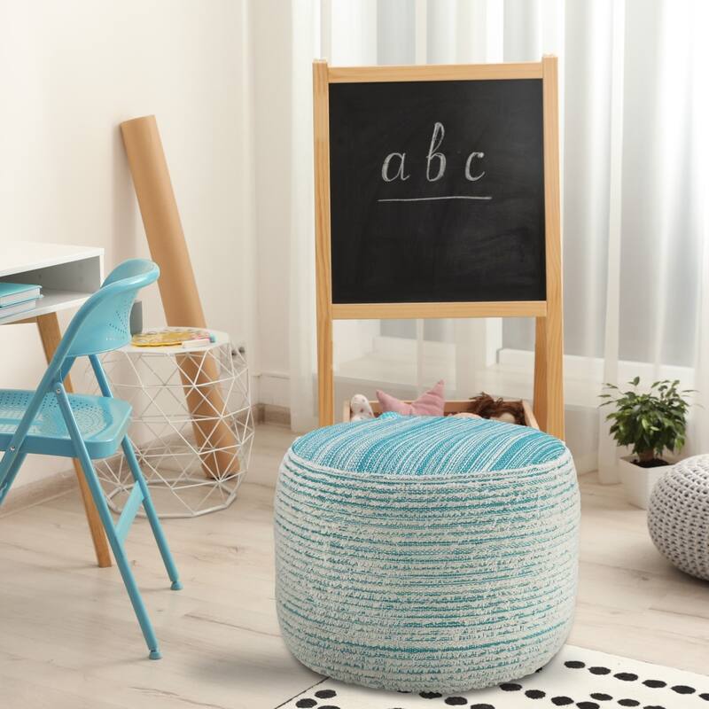 18" Striped Pouf Ottoman Round Fabric Foot Stool Seat and Polyester Upholstery Modern Accent Style