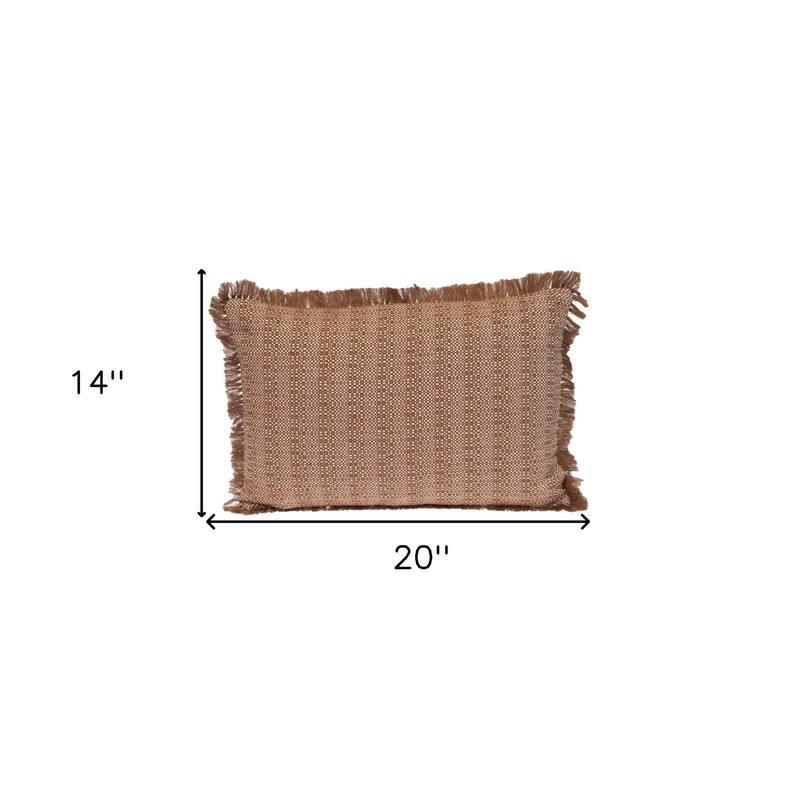 14" X 20" Brown and White Cotton Lumbar Throw Pillow with Fringe