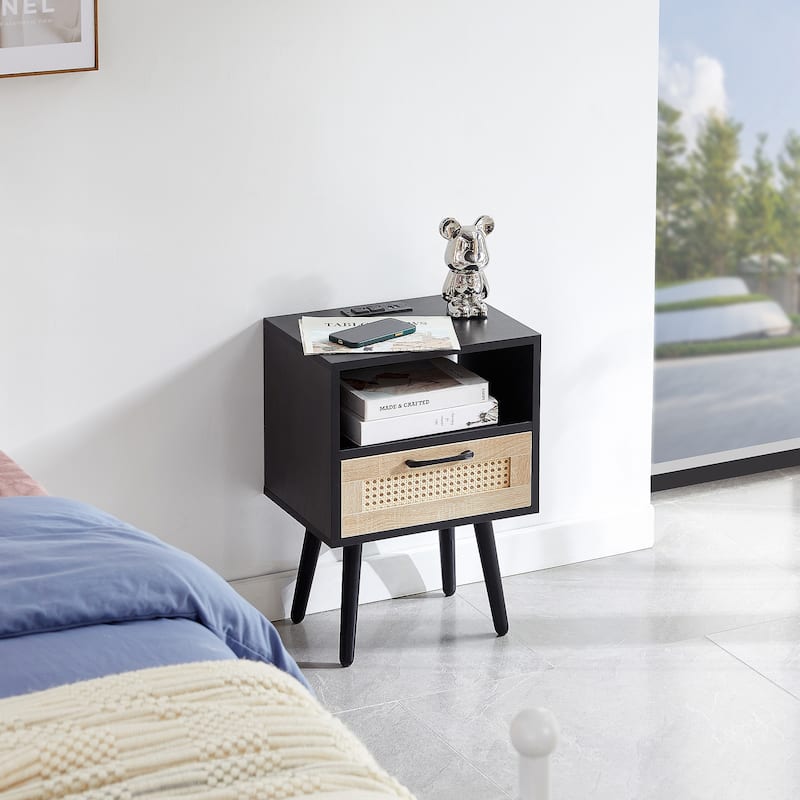 15.75" Rattan End table with Power Outlet & USB Ports, nightstand with drawer and solid wood legs, side table