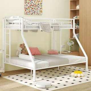 White Twin XL over Queen Size Metal Bunk Bed with Ladder, Fence and Guardrails for Kids, Boys and Girls, Bedroom