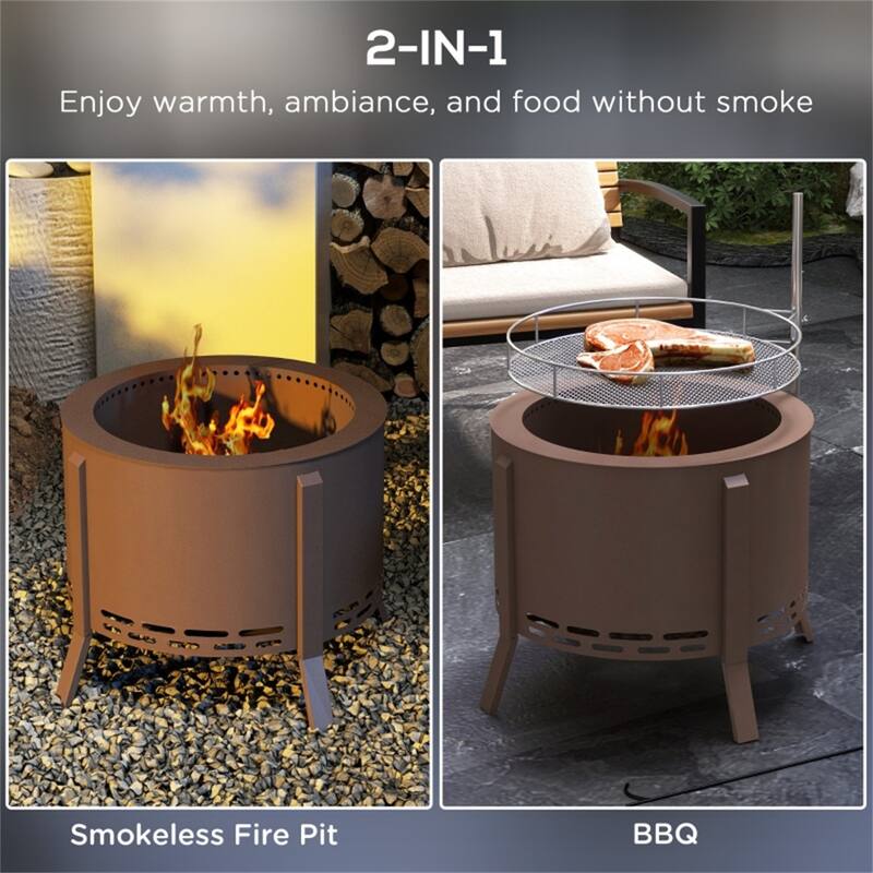 Smokeless Wood Burning Fire Pit with BBQ Grill Bronze Steel Outdoor Fire Pit with Poker 19 Inch - 19" Diameter x 16.5" Height - Brown