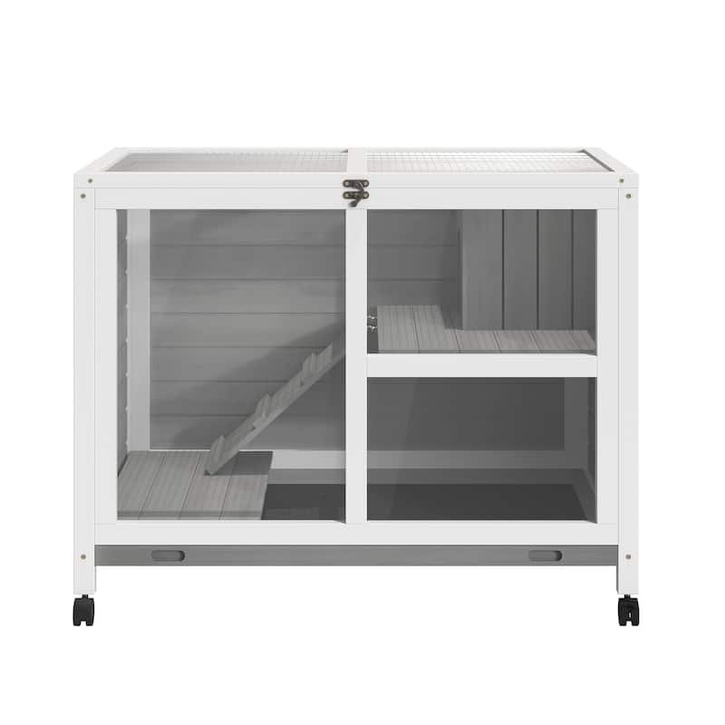 Bunny Cage with Wheels,Small Rabbit Hutch,Spacious Pet House is designed for convenient cleaning - Gray,White