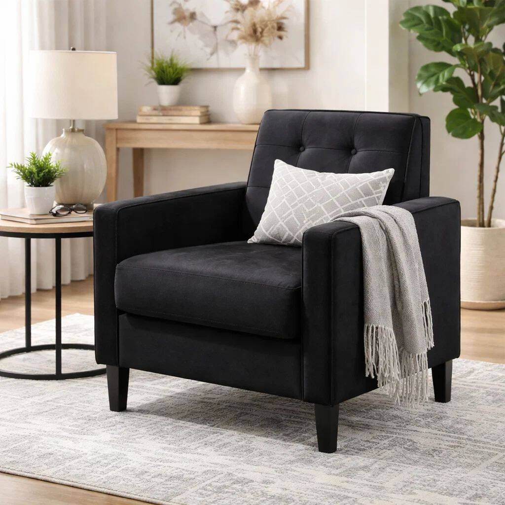 Oz 28 Inch Modern Accent Armchair with Foam Cushion, Tufted Black Velvet