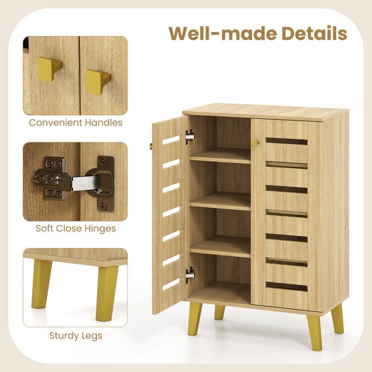 Oak MDF Wooden Shoe Cabinet with Louvered Doors and Removable Shelves - 24" x 13" x 36"