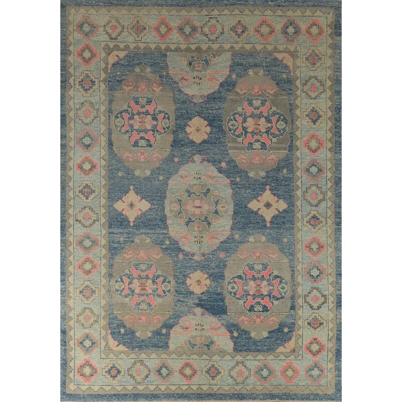 Hand Knotted Oriental 100% Wool Carpet Transitional Geometric Navy Blue & Blues Oushak Area Rug - 10' 7'' X 7' 11''