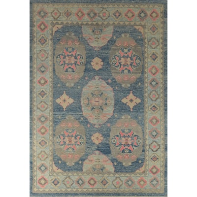 Hand Knotted Oriental 100% Wool Carpet Transitional Geometric Navy Blue & Blues Oushak Area Rug - 10' 7'' X 7' 11''