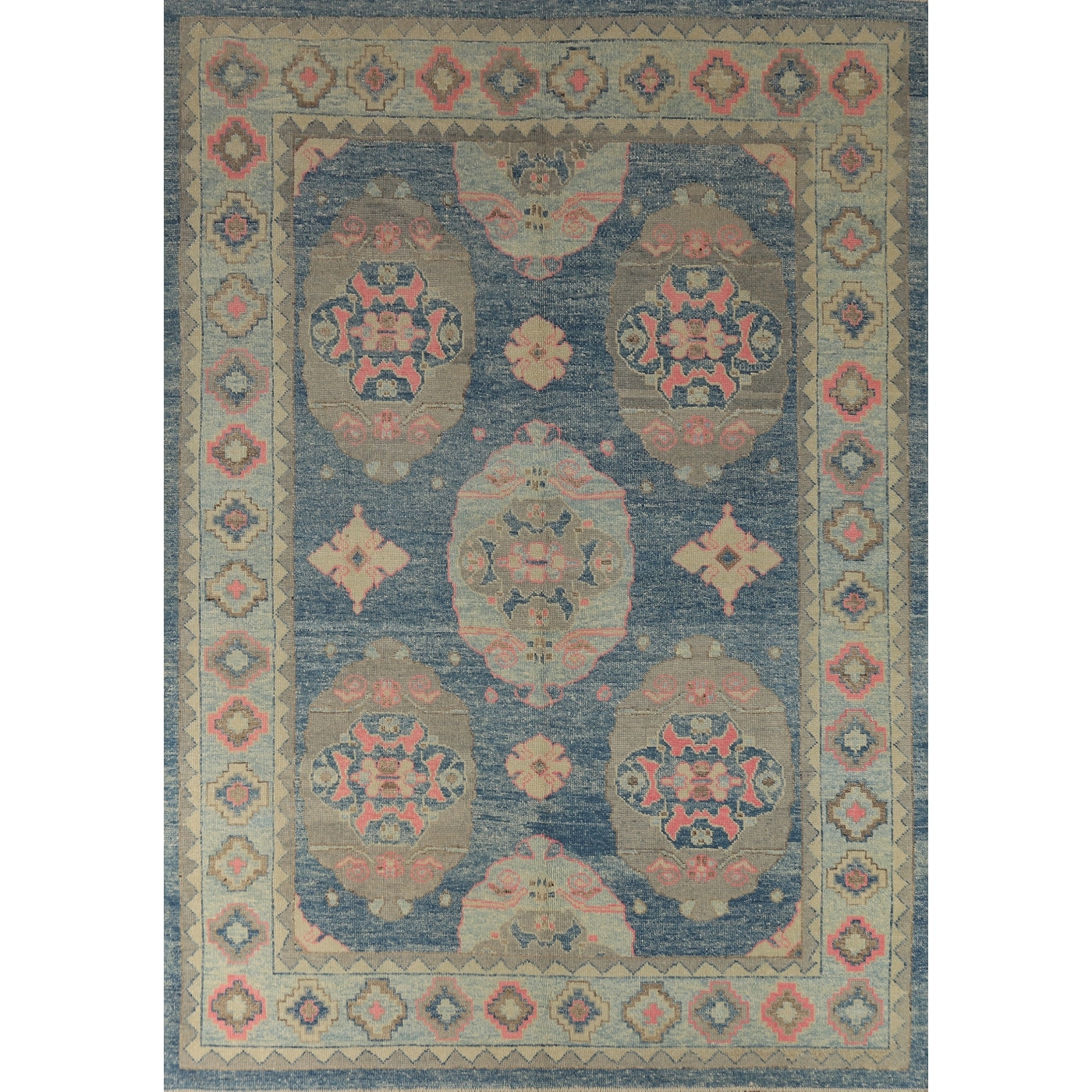 Hand Knotted Oriental 100% Wool Carpet Transitional Geometric Navy Blue & Blues Oushak Area Rug - 10' 7'' X 7' 11''