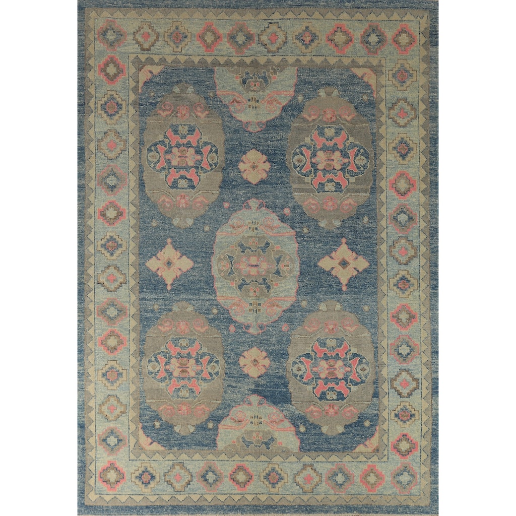 Hand Knotted Oriental 100% Wool Carpet Transitional Geometric Navy Blue & Blues Oushak Area Rug - 10' 7'' X 7' 11''