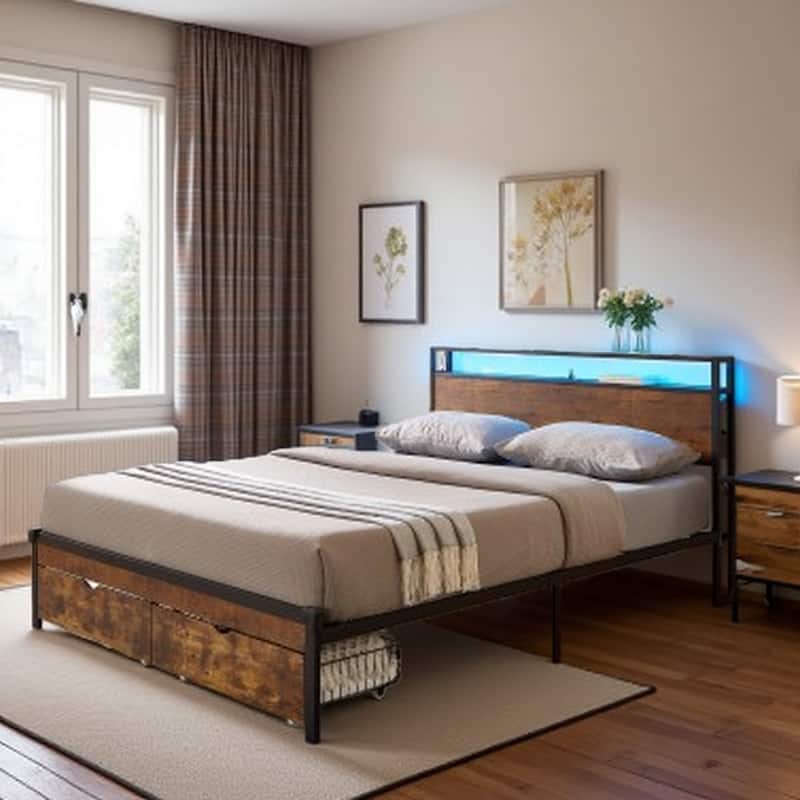 King Size Metal Bed Frame with LED Headboard, USB Charging Ports, Storage Drawers, and Wood Accents - Sturdy Platform Design - Queen Brown+Black - Queen