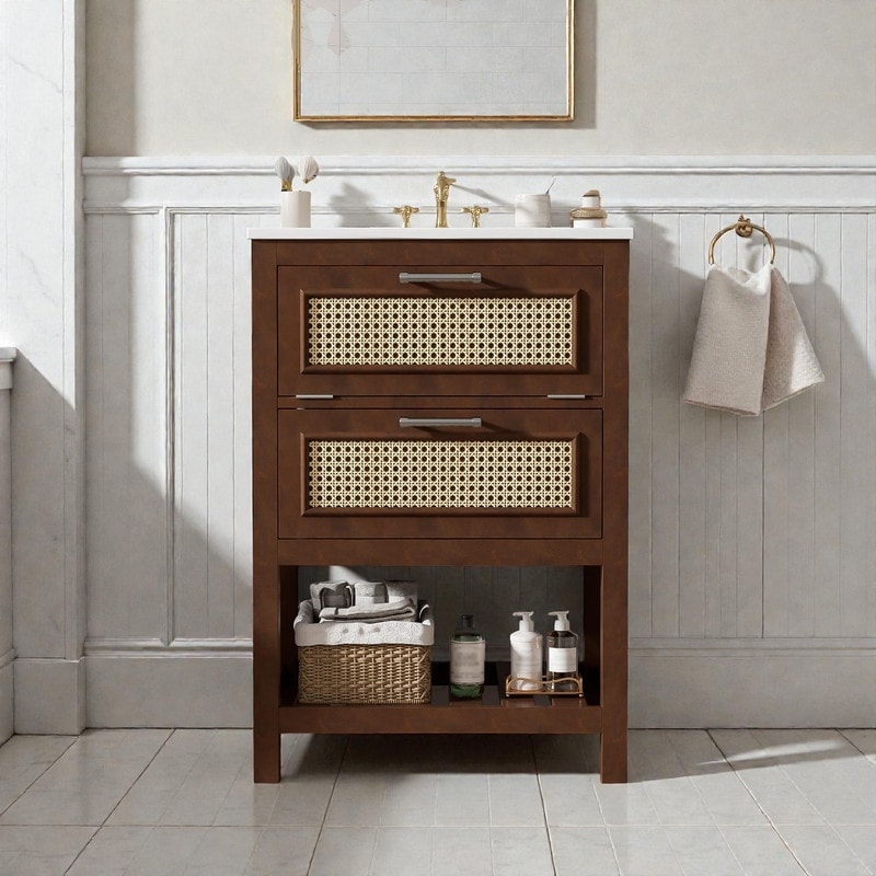 24" Bathroom Vanity with Integrated Ceramic Sink, Cabinet with Deep Drawer & Tip-Out Drawer