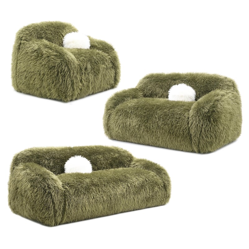 Furniture of America Cynra Modern 3-Piece Faux Fur Sofa Set with Ball Pillows - Green