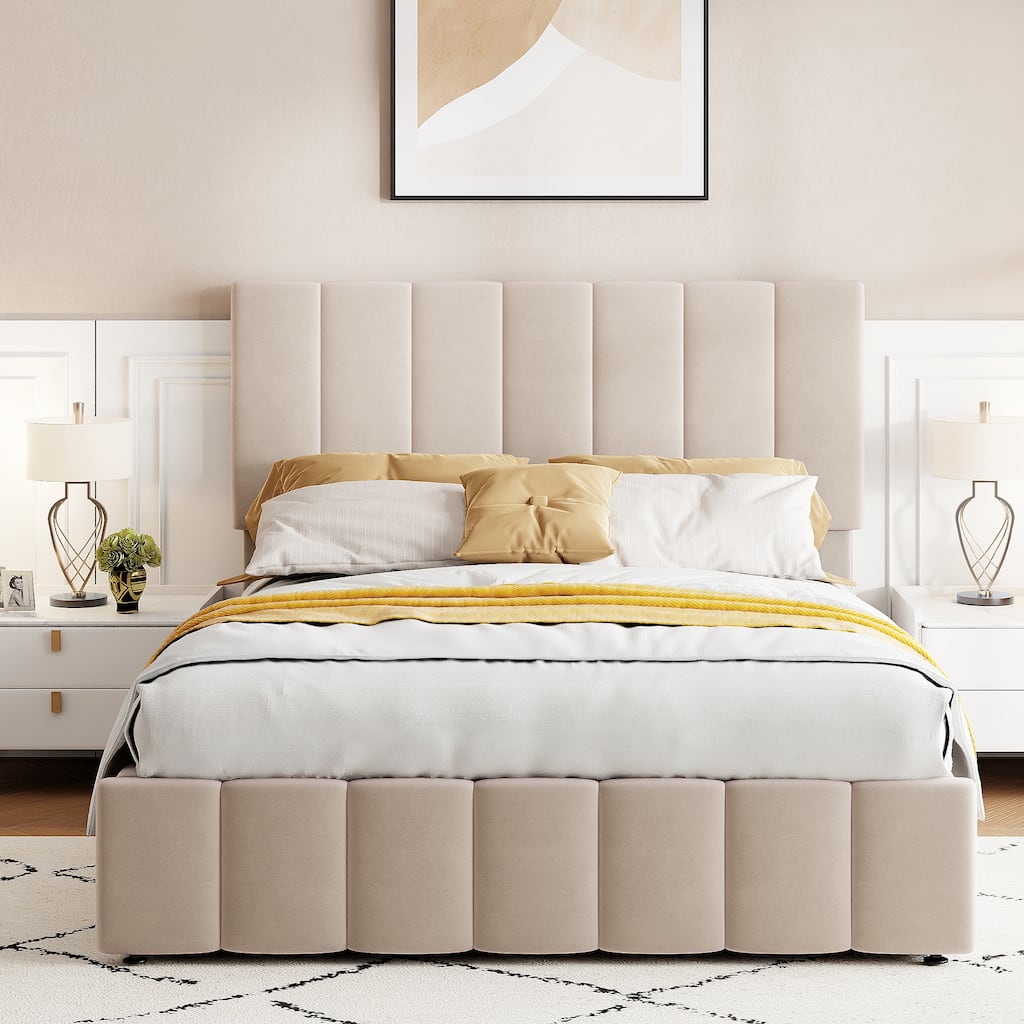 Hydraulic Lift Up Storage Bed, Linen Upholstered Platform Bed Frame with Vertical Panel Headboard, Wooden Slat Support