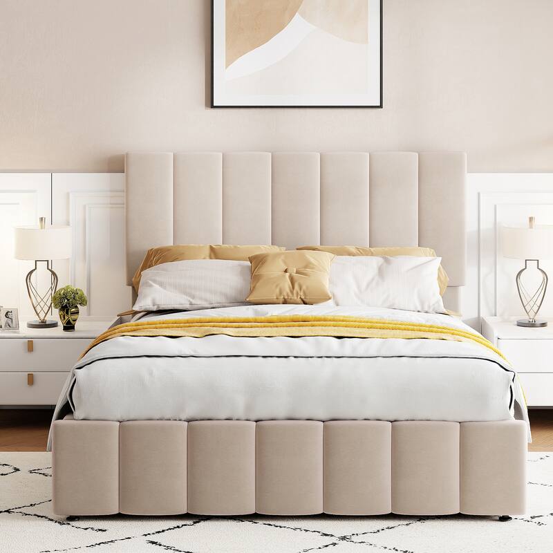 Upholstered Platform Bed with Hydraulic Storage System - Beige - Full