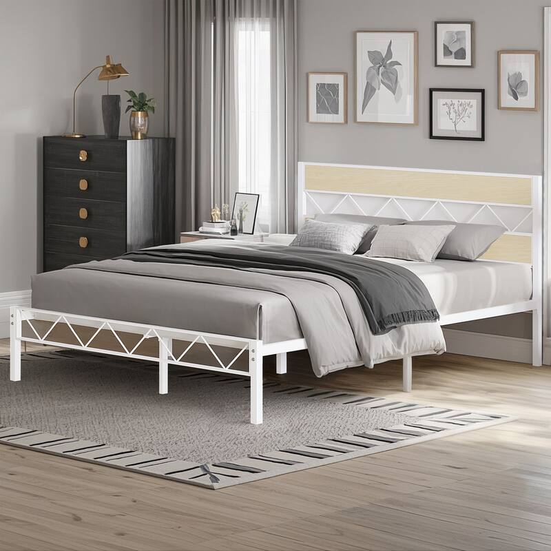 VECELO Vintage Metal Platform Bed Frame with Wood Headboard, Storage Bed, Noise-Free, No Box Spring Needed, Twin/Full/Queen Size