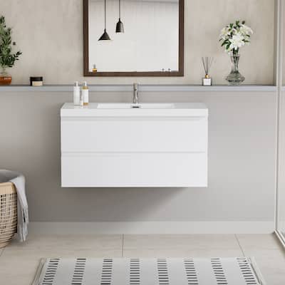 42" Bathroom Vanity with Sink,Modern Wall-Mounted Storage Vanity Cabinet with Resin Top Basin and Soft Close Drawers