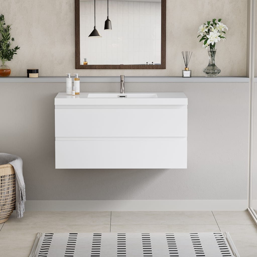 42"Bathroom Vanity with Sink,Modern Wall-Mounted Bathroom Storage Vanity Cabinet with Resin Top Basin and Soft Close Drawers