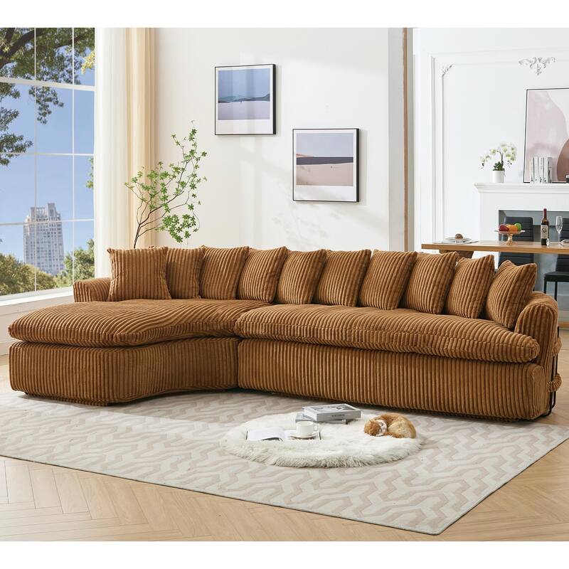 127" Corduroy L-Shaped Sectional Sofa with 10 Back Cushions