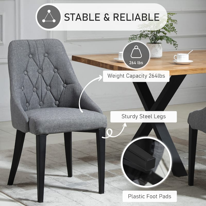 HOMCOM Set of 2 Modern Style Dining Chairs, Button Tufted High Back Side Chairs with Upholstered Seat, Steel Legs
