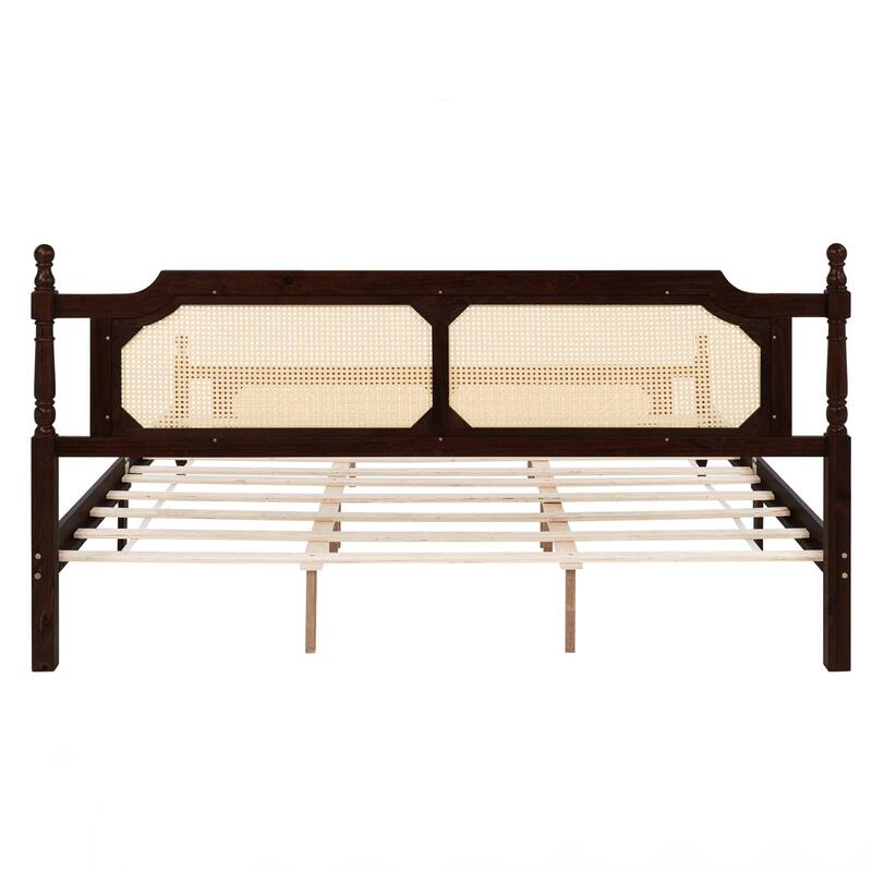 King Pine wooden Bed with Rattan Headboard and Footboard, with Central Enhanced Bed Platform