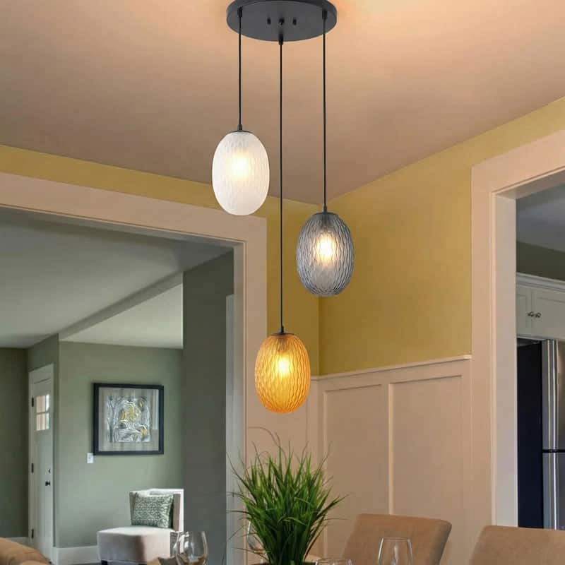 3-Light Modern Glass Pendant Light Cluster with Matte Black Canopy for Dining Room & Entryway