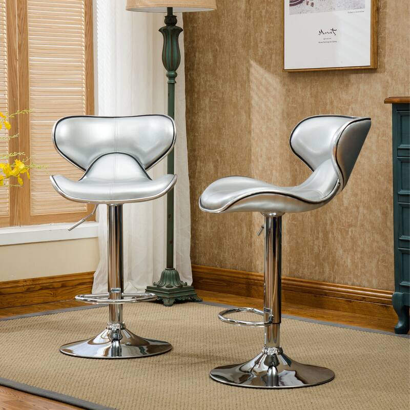 Modern Set of 2 Swivel Bar Stools with Leather Seat, Chrome Base, Height Adjustable, for Kitchen Island Dining Room