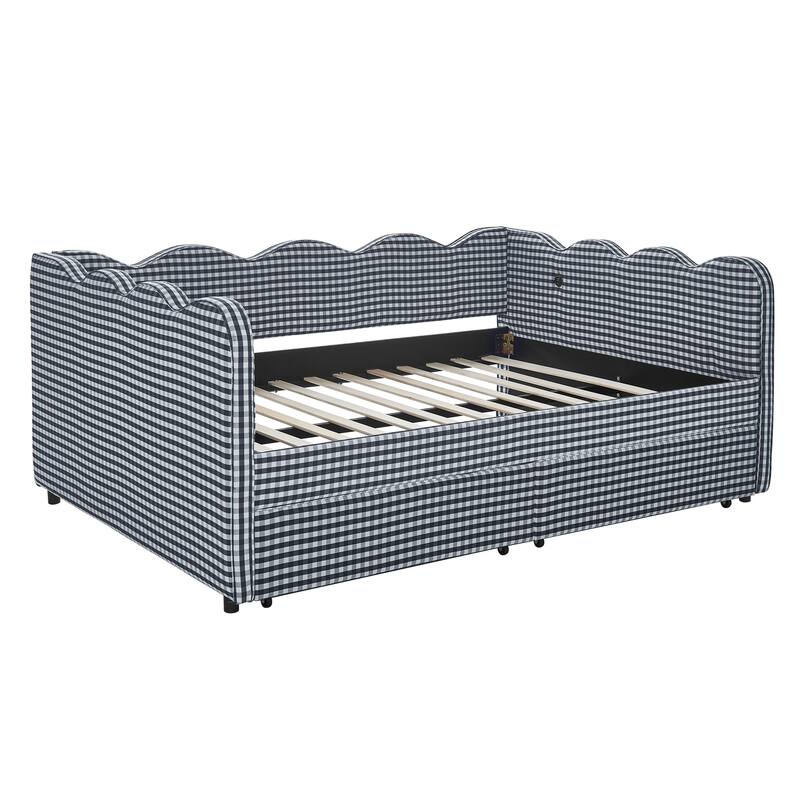 Full/Queen Gingham Daybed with 2 Storage Drawers, USB Port & Wave Shaped Linen Fabric