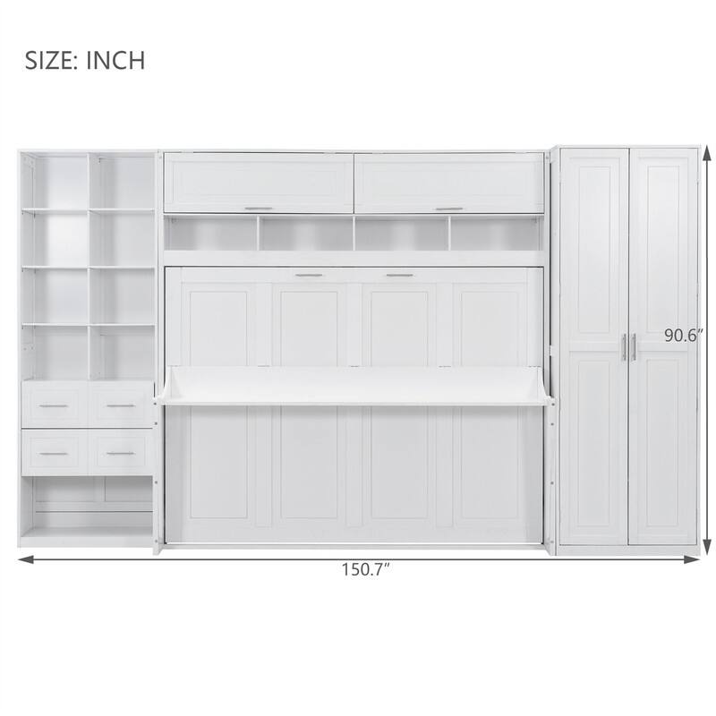 Full/Queen Size Murphy Bed Wall Bed with Closet, 2 Drawers and Storage Shelves, Folding Murphy Cabinet Bed with Top Cabinet