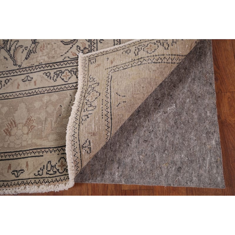 Distressed Tabriz Vintage Persian Rug Hand-Knotted Beige Wool Carpet - 6'6" x 9'11"