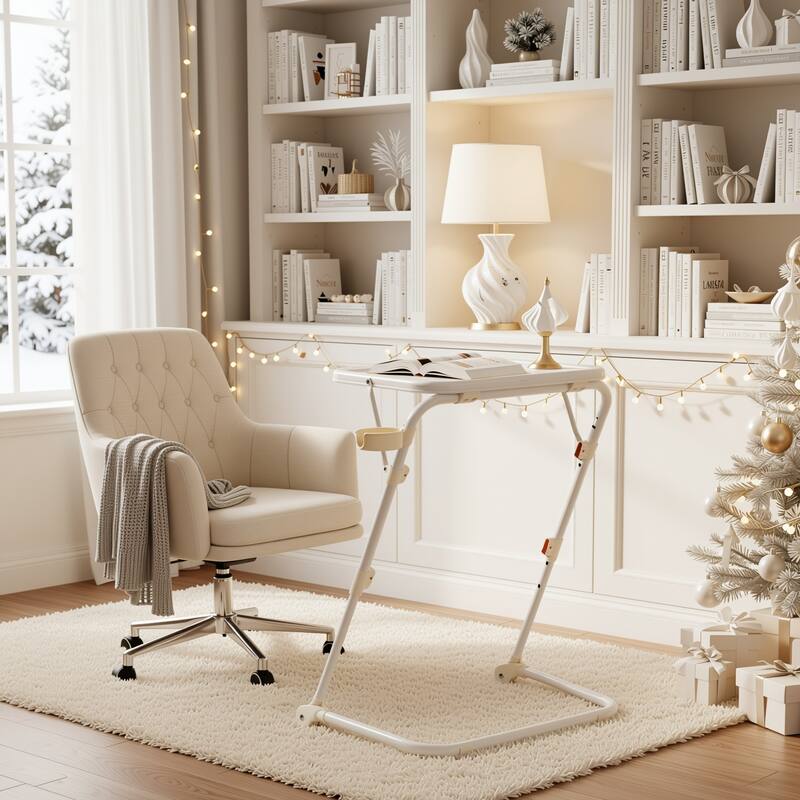 Portable Study Desk with Cup Holder Adjustable Folding for Home, Office,Foldable, Stable, Lightwelght, Storage - White