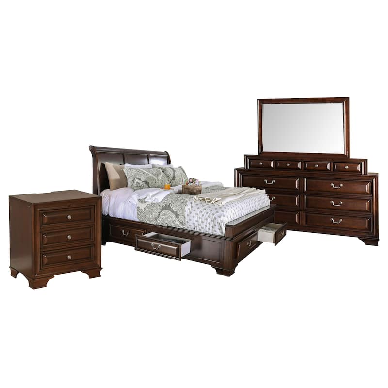Lio Four Piece King Size Bedroom Set, Cherry Brown Wood Inlay Design, Silver Metal Handles