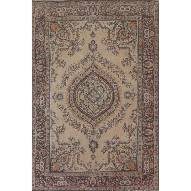 Hand Knotted Oriental 100% Wool Carpet Traditional Floral Beige & Ivories Tabriz Area Rug - 9' 6'' X 6' 7''
