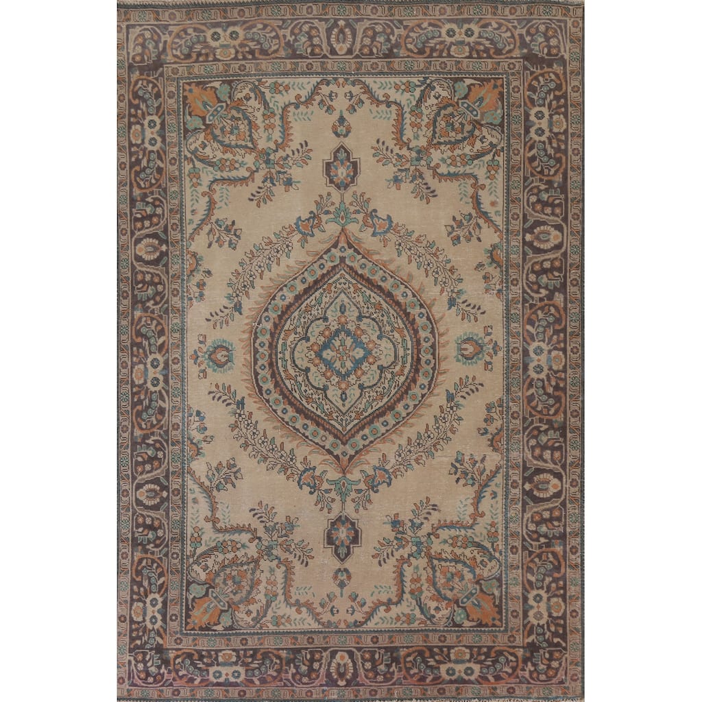 Hand Knotted Oriental 100% Wool Carpet Traditional Floral Beige & Ivories Tabriz Area Rug - 9' 6'' X 6' 7''