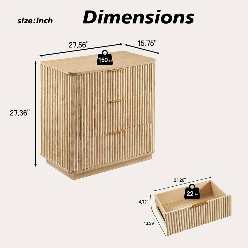 Anmytek 2 Pack 3 Drawer Dresser 27.6 Inch Wide Curved Wave Design Oak Wood Nightstand Organizer