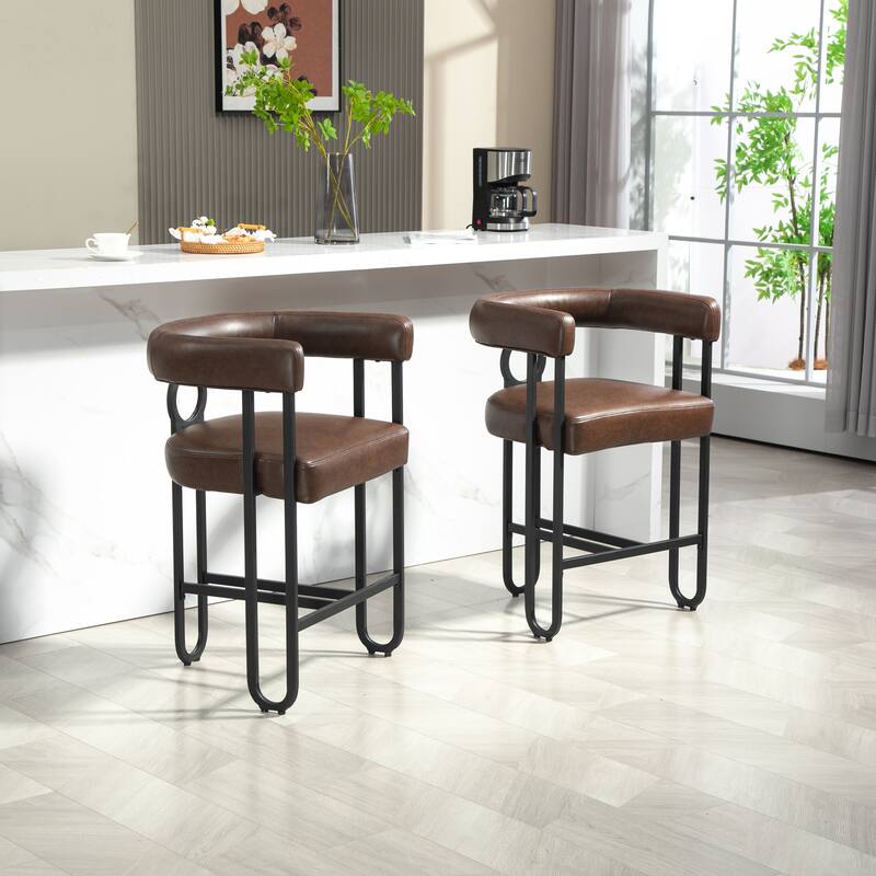 Bar Stools Set of 2, Upholstered Counter Height Stools with Back, Kitchen Island Chairs with Footrest and Metal Frame
